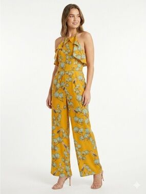 Anthropologie Varun Bahl Jumpsuit Ruffled Halter Bird Floral Yellow Size 10